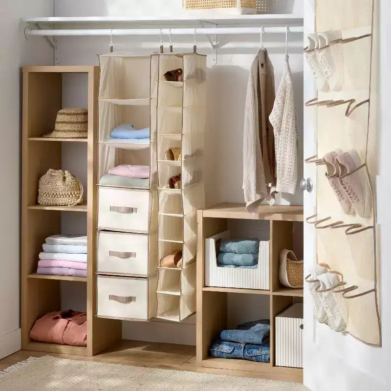 Set da 3 Organizer da Armadio Sospesi, Color Sabbia | 16 Ripiani per Vestiti e Scarpe