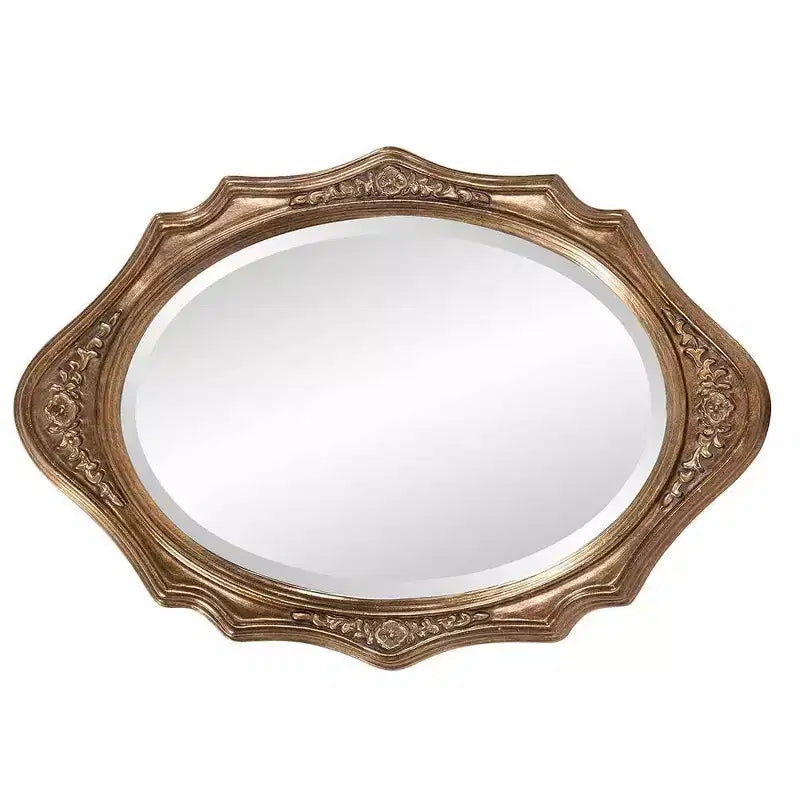 Specchio da Parete Ovale con Cornice in Legno e Dettaglio a Medaglione Floreale in Bronzo | 68,5x48 cm