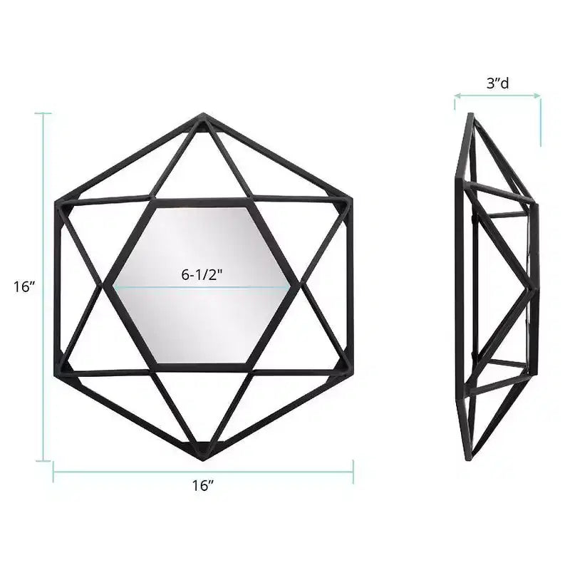 Specchio da parete geometrico 3D in metallo nero opaco da 16" | Specchio decorativo moderno