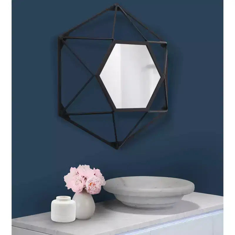 Specchio da parete geometrico 3D in metallo nero opaco da 16" | Specchio decorativo moderno