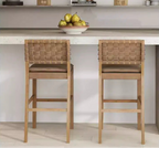 Set di 2 sgabelli da cucina Mid-Century | Similpelle intrecciata, struttura in legno massello, marrone