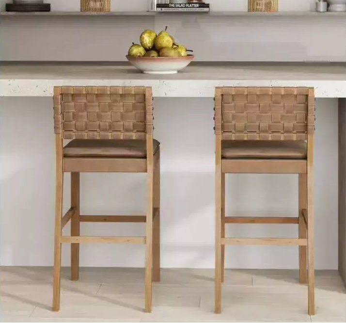 Set of 2 Mid-Century Counter Stools | Woven Faux Leather, Solid Wood Frame, Brown