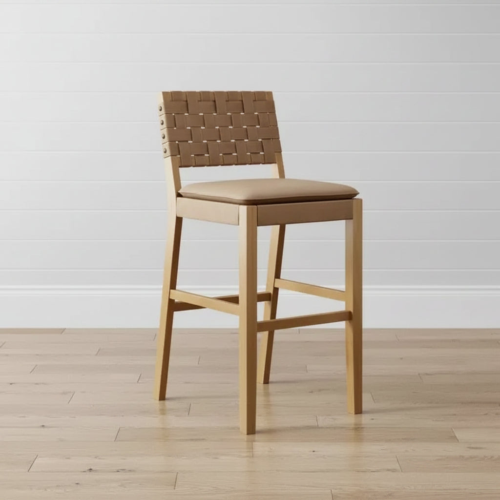 Set of 2 Mid-Century Counter Stools | Woven Faux Leather, Solid Wood Frame, Brown