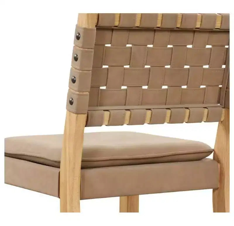 Set of 2 Mid-Century Counter Stools | Woven Faux Leather, Solid Wood Frame, Brown