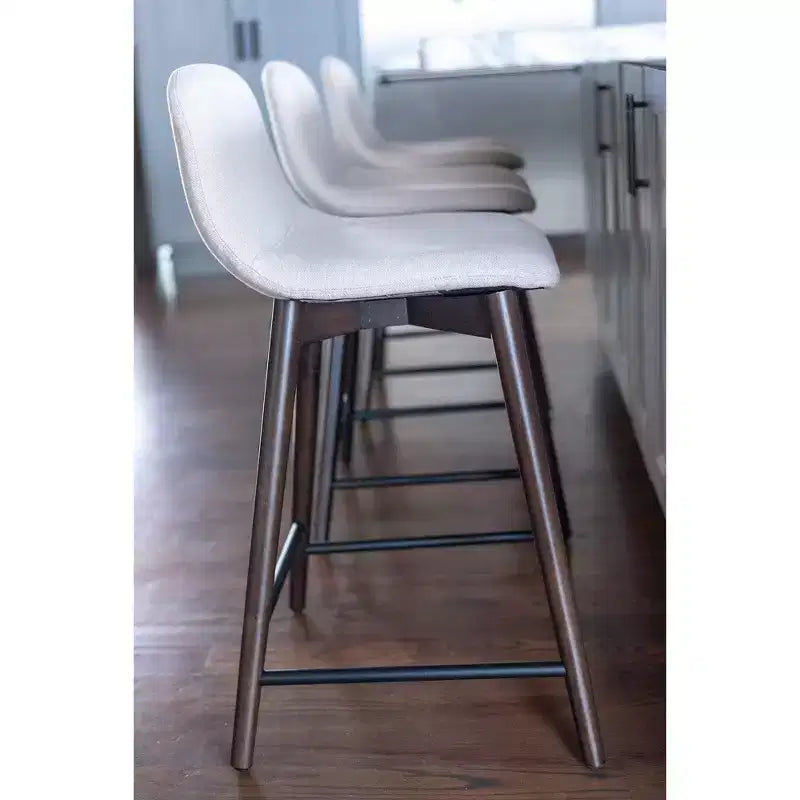 Handcrafted Upholstered Counter Height Barstool with Back | Rubberwood Legs, Beige