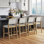 Set di 4 sgabelli da bancone Mid-Century Modern | Similpelle intrecciata e legno di quercia chiaro