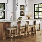 Set di 4 sgabelli da bancone Mid-Century Modern | Similpelle intrecciata e legno di quercia chiaro