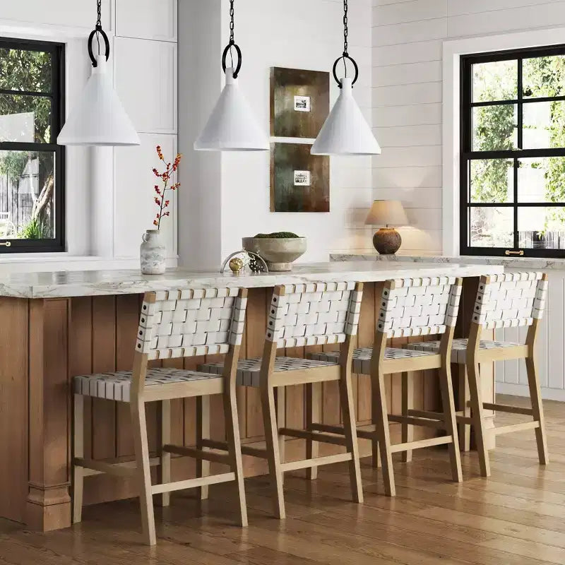 Set of 4 Mid-Century Modern Counter Stools | Woven Faux Leather & Light Oak Wood