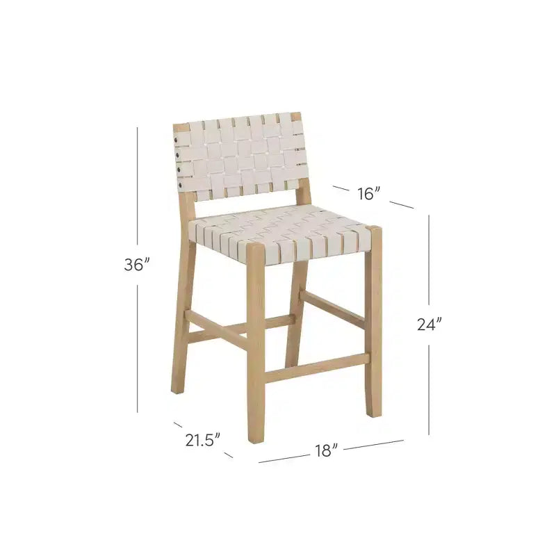 Set of 4 Mid-Century Modern Counter Stools | Woven Faux Leather & Light Oak Wood
