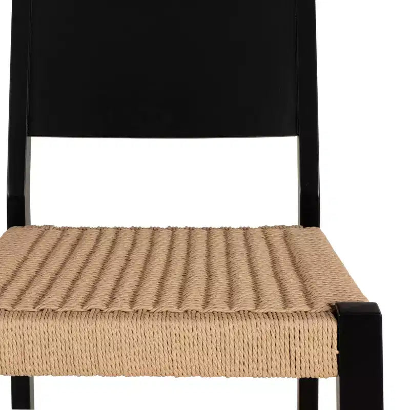 Set di 2 sgabelli da bancone Mid-Century | Seduta in corda intrecciata a mano, legno di hevea, nero opaco