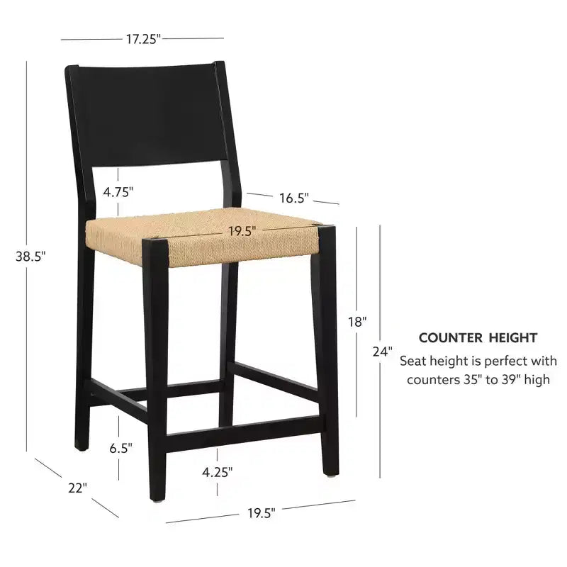 Set di 2 sgabelli da bancone Mid-Century | Seduta in corda intrecciata a mano, legno di hevea, nero opaco