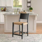 Set di 2 sgabelli da bancone Mid-Century | Seduta in corda intrecciata a mano, legno di hevea, nero opaco