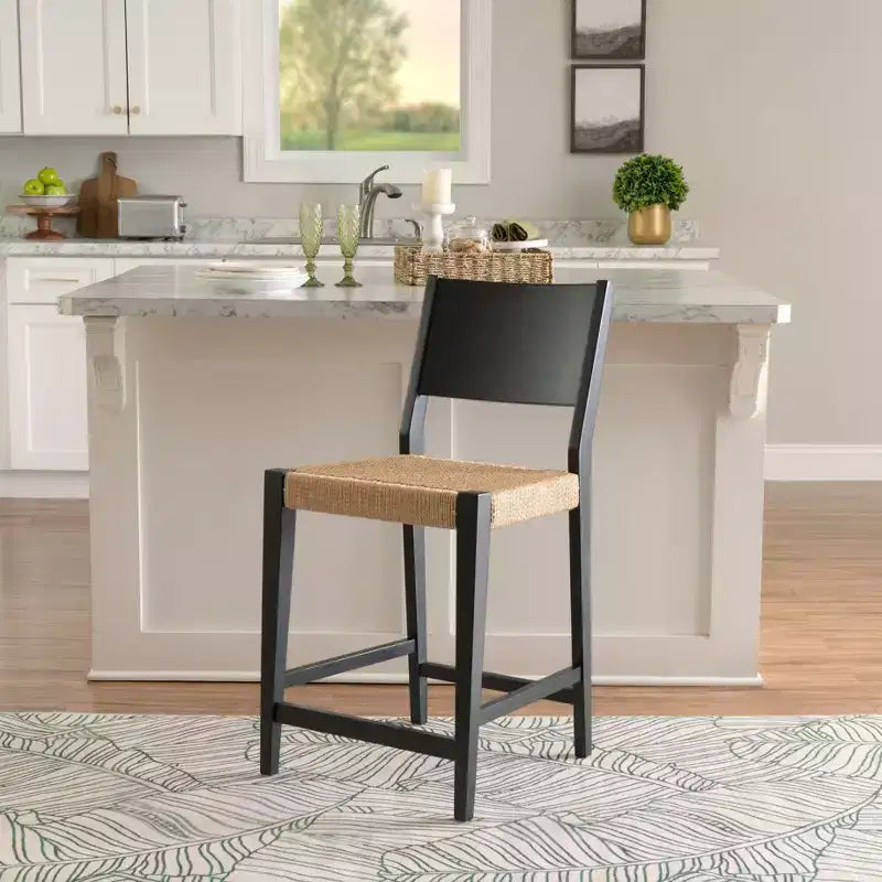Set of 2 Mid-Century Counter Stools | Handwoven Rope Seat, Rubberwood, Matte Black