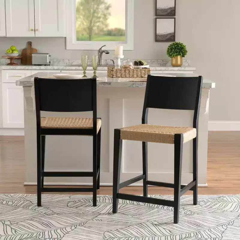 Set di 2 sgabelli da bancone Mid-Century | Seduta in corda intrecciata a mano, legno di hevea, nero opaco