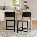Set di 2 sgabelli da bancone Mid-Century | Seduta in corda intrecciata a mano, legno di hevea, nero opaco