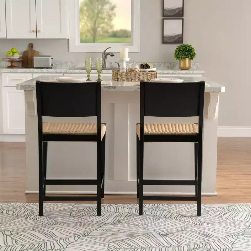 Set di 2 sgabelli da bancone Mid-Century | Seduta in corda intrecciata a mano, legno di hevea, nero opaco