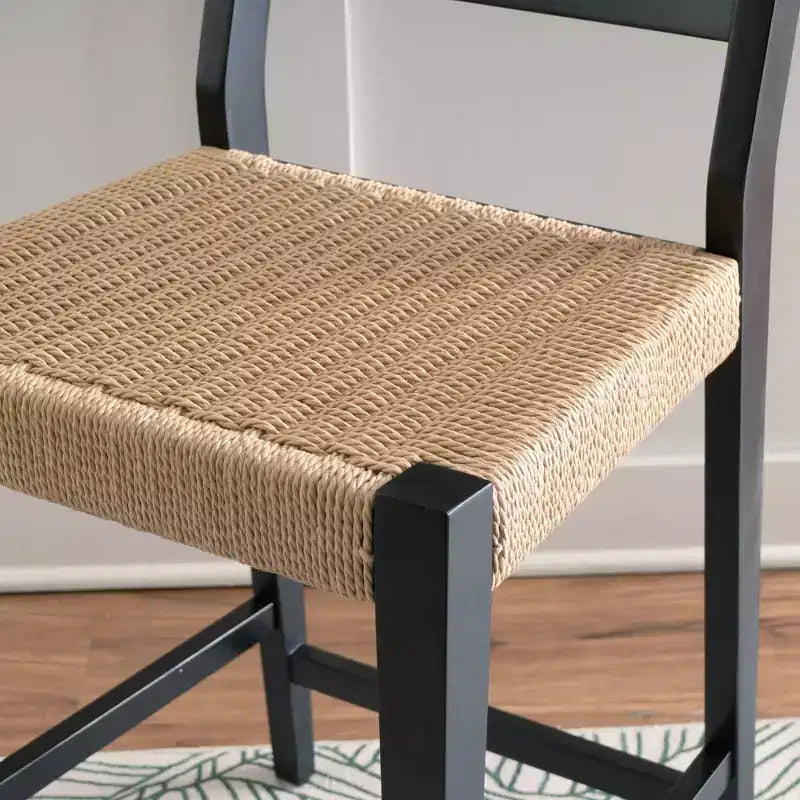 Set of 2 Mid-Century Counter Stools | Handwoven Rope Seat, Rubberwood, Matte Black