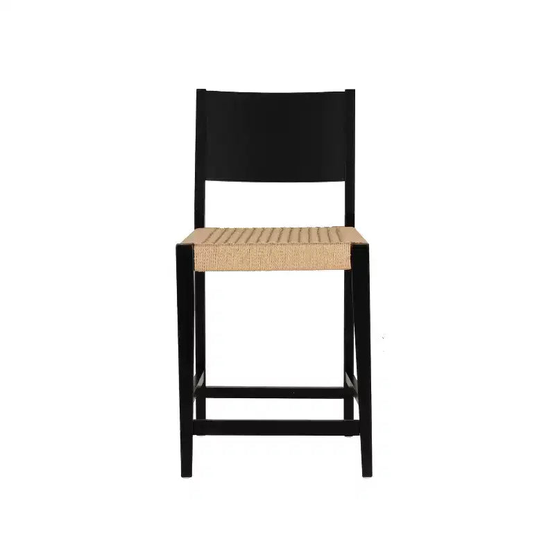 Set di 2 sgabelli da bancone Mid-Century | Seduta in corda intrecciata a mano, legno di hevea, nero opaco