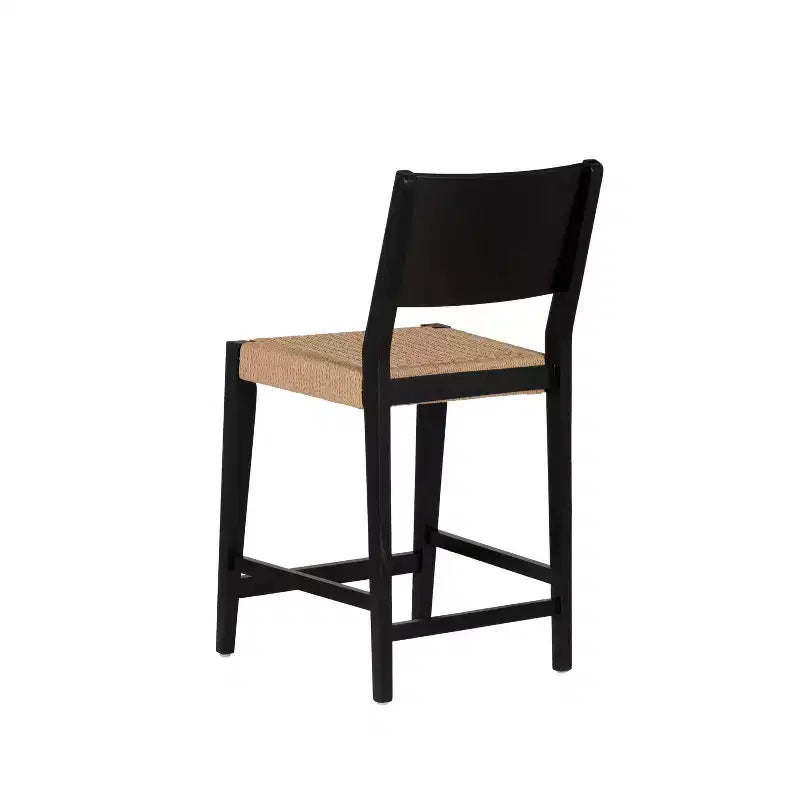Set di 2 sgabelli da bancone Mid-Century | Seduta in corda intrecciata a mano, legno di hevea, nero opaco