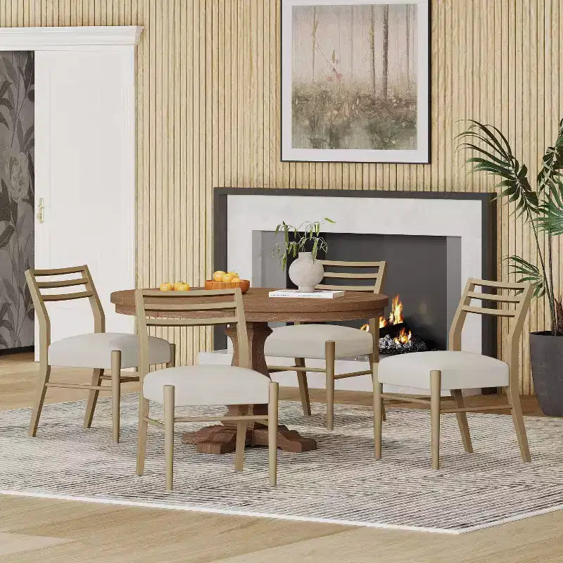 Set da pranzo da masseria espandibile 5 pezzi con 4 sedie imbottite | Marrone naturale/frassino chiaro