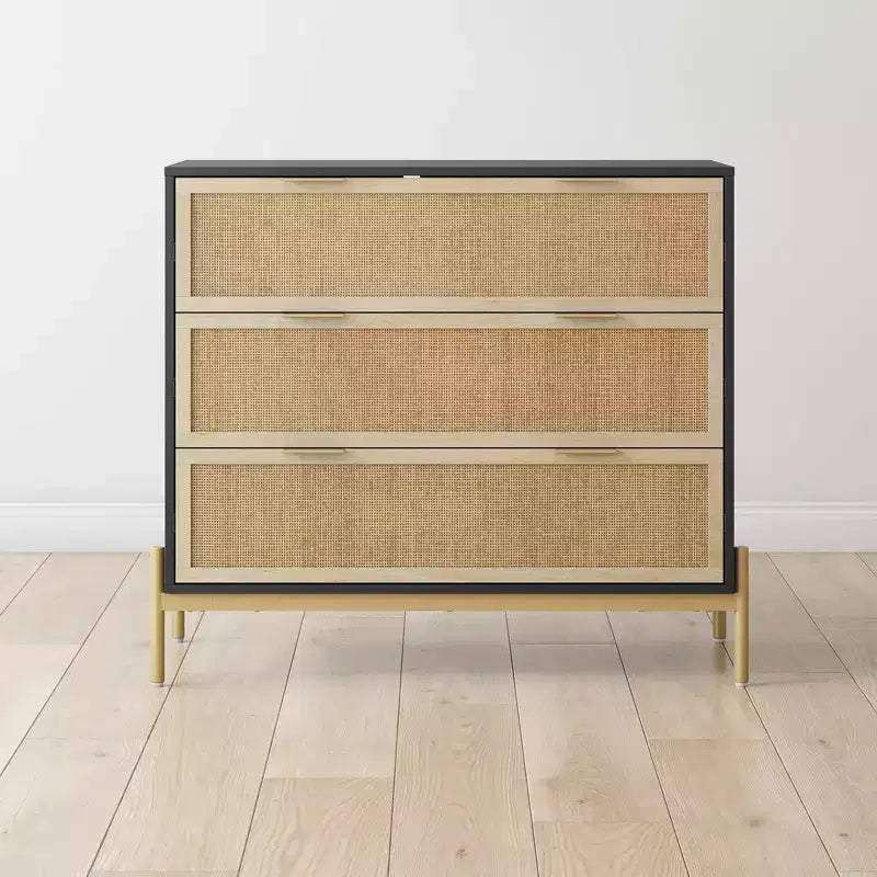 Comodino in rattan a 3 cassetti in nero e rovere chiaro | Contenitore da letto Boho