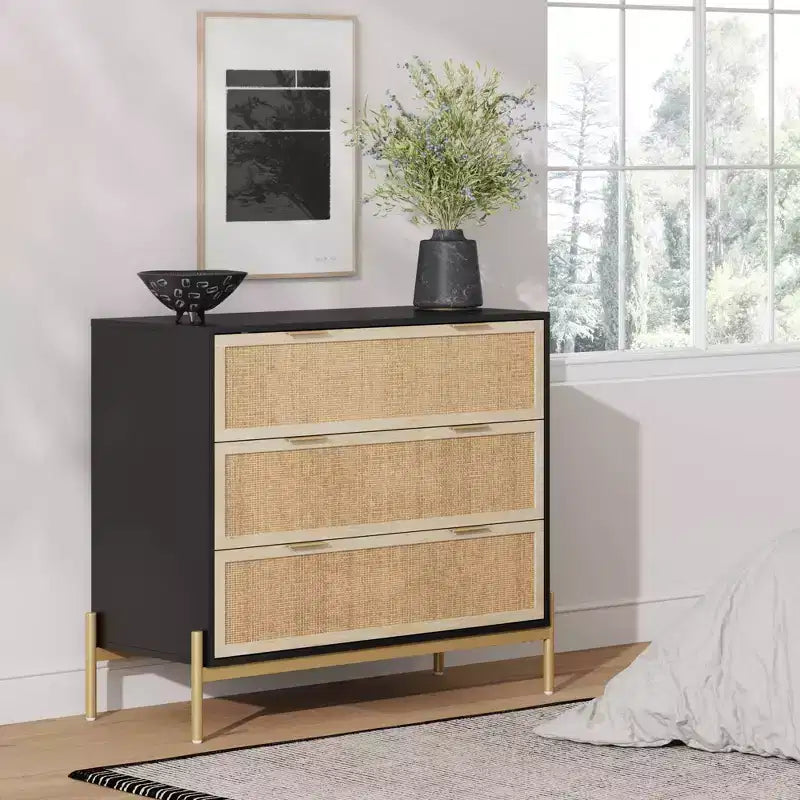 Comodino in rattan a 3 cassetti in nero e rovere chiaro | Contenitore da letto Boho