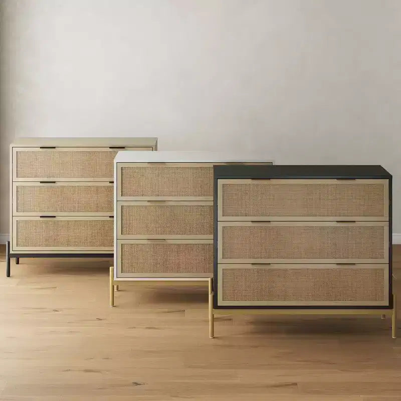 Comodino in rattan a 3 cassetti in nero e rovere chiaro | Contenitore da letto Boho