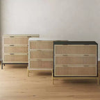 Comodino in rattan a 3 cassetti in nero e rovere chiaro | Contenitore da letto Boho