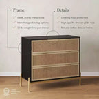 Comodino in rattan a 3 cassetti in nero e rovere chiaro | Contenitore da letto Boho