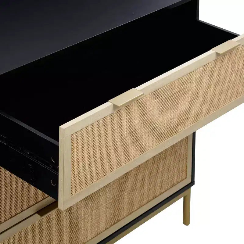 Comodino in rattan a 3 cassetti in nero e rovere chiaro | Contenitore da letto Boho