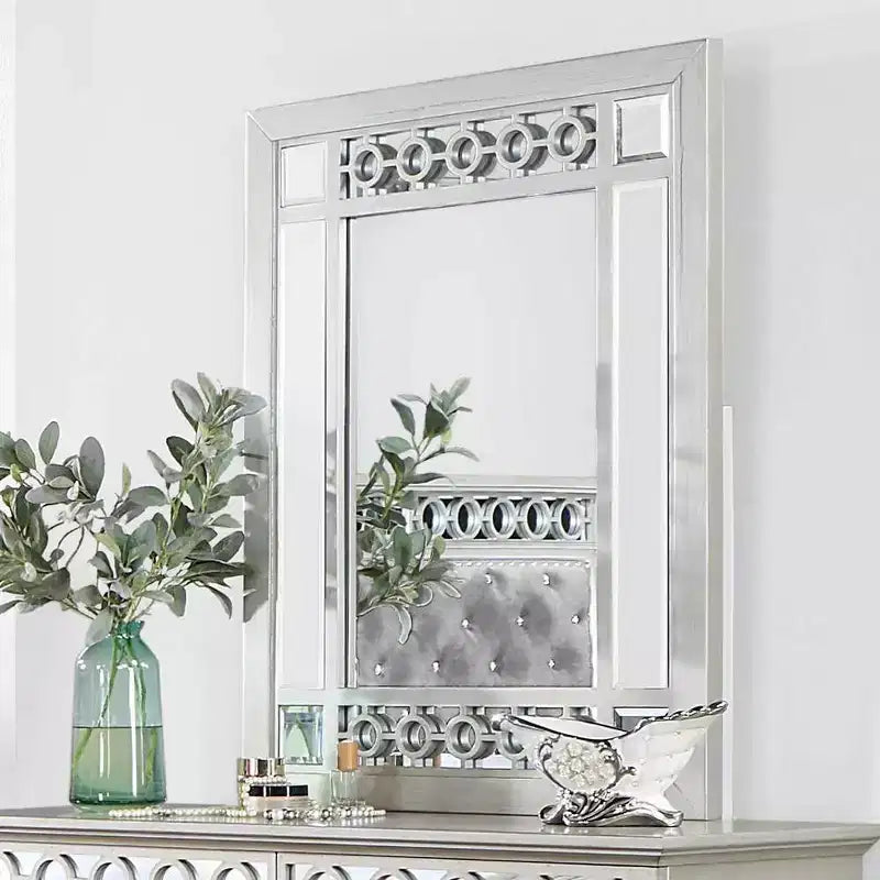 Specchio da Comò con Intarsio Smussato Finitura Argento | Camera da Letto Glamour