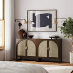 Mobile Consolle Boho in Legno con Ante ad Arco in Rattan Marrone Scuro