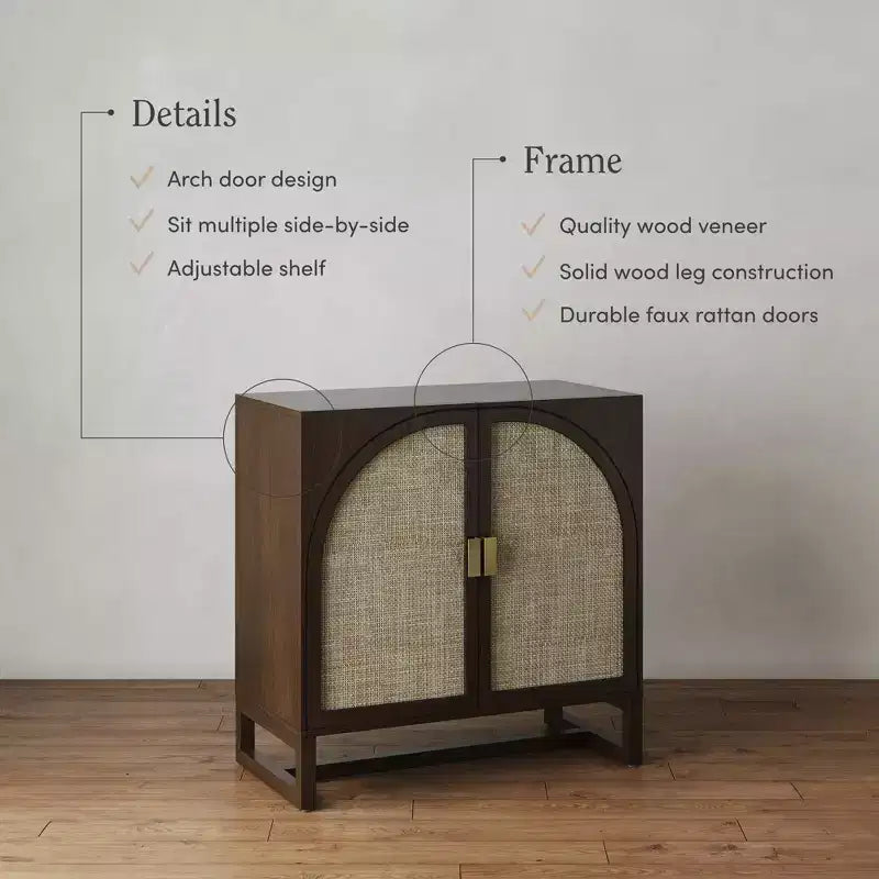 Mobile Consolle Boho in Legno con Ante ad Arco in Rattan Marrone Scuro