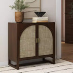 Mobile Consolle Boho in Legno con Ante ad Arco in Rattan Marrone Scuro