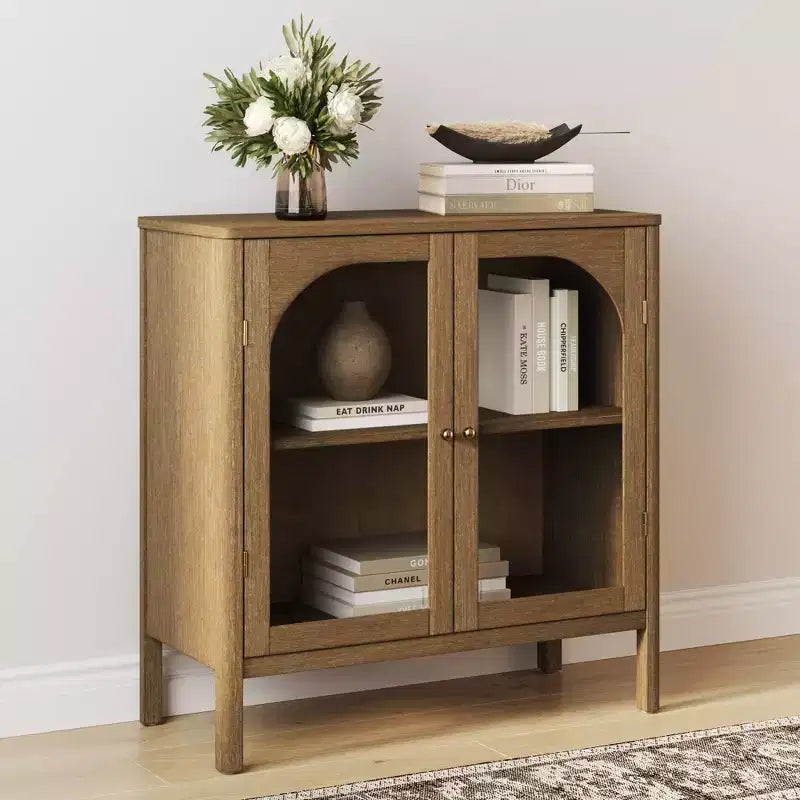 Mobile Consolle con Ante Curve in Vetro Temperato Marrone | Credenza Buffet
