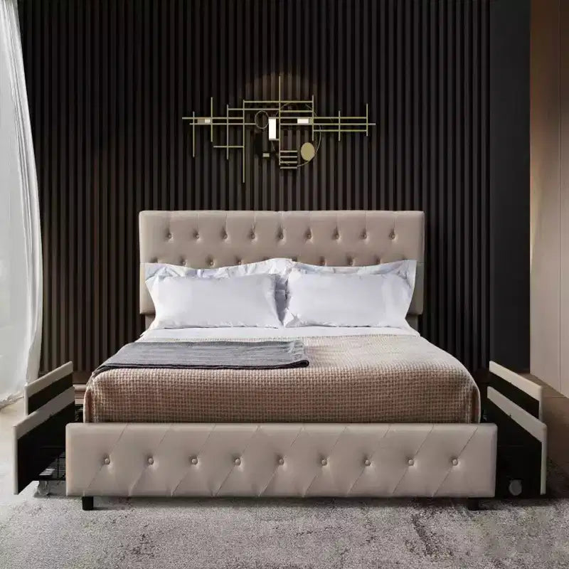 Letto a piattaforma singolo con contenitore | 4 cassetti sotto il letto e testiera trapuntata, beige