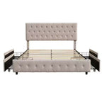 Letto a piattaforma singolo con contenitore | 4 cassetti sotto il letto e testiera trapuntata, beige