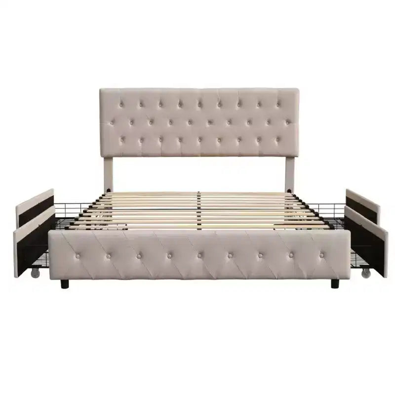 Letto a piattaforma singolo con contenitore | 4 cassetti sotto il letto e testiera trapuntata, beige
