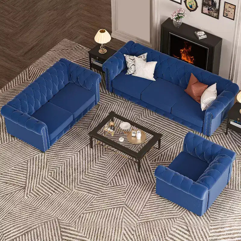 Set Divano Chesterfield in Lino a 3 Pezzi a 6 Posti | Poltrona, Divanetto e Divano