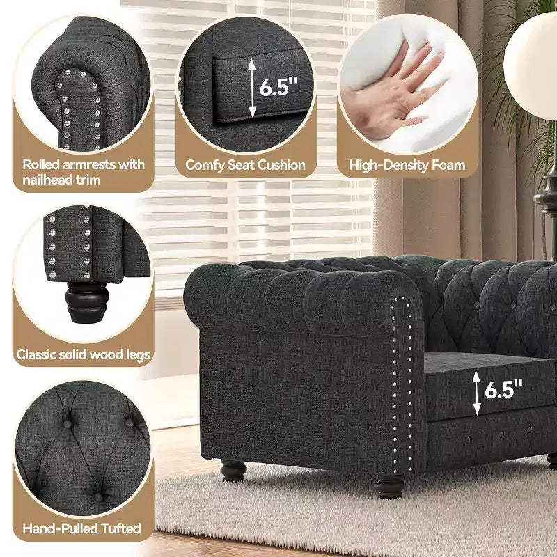 Set Divano Chesterfield in Lino a 3 Pezzi a 6 Posti | Poltrona, Divanetto e Divano