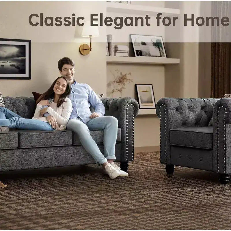 Set Divano Chesterfield in Lino a 3 Pezzi a 6 Posti | Poltrona, Divanetto e Divano