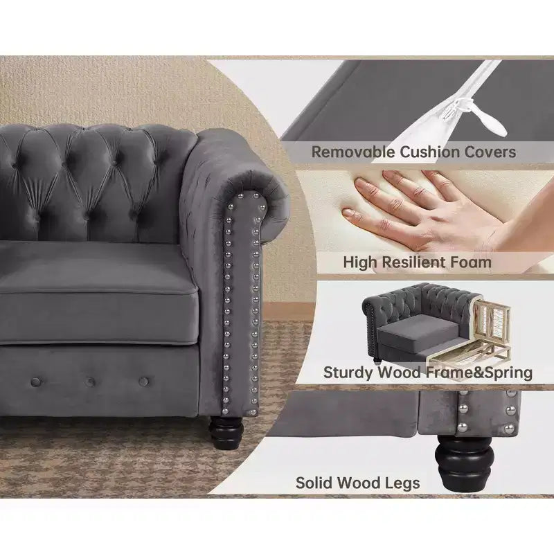 Set Divano Chesterfield in Lino a 3 Pezzi a 6 Posti | Poltrona, Divanetto e Divano