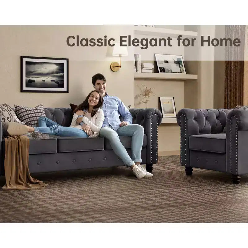 Set Divano Chesterfield in Lino a 3 Pezzi a 6 Posti | Poltrona, Divanetto e Divano