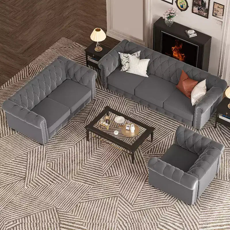 Set Divano Chesterfield in Lino a 3 Pezzi a 6 Posti | Poltrona, Divanetto e Divano