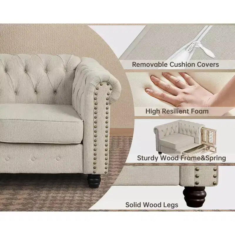 Set Divano Chesterfield in Lino a 3 Pezzi a 6 Posti | Poltrona, Divanetto e Divano