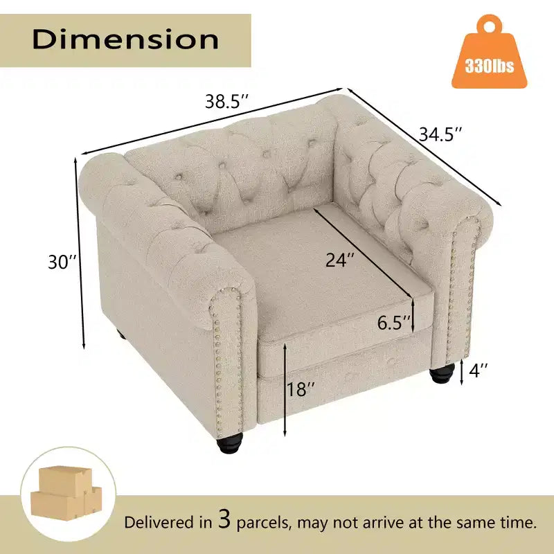 Set Divano Chesterfield in Lino a 3 Pezzi a 6 Posti | Poltrona, Divanetto e Divano