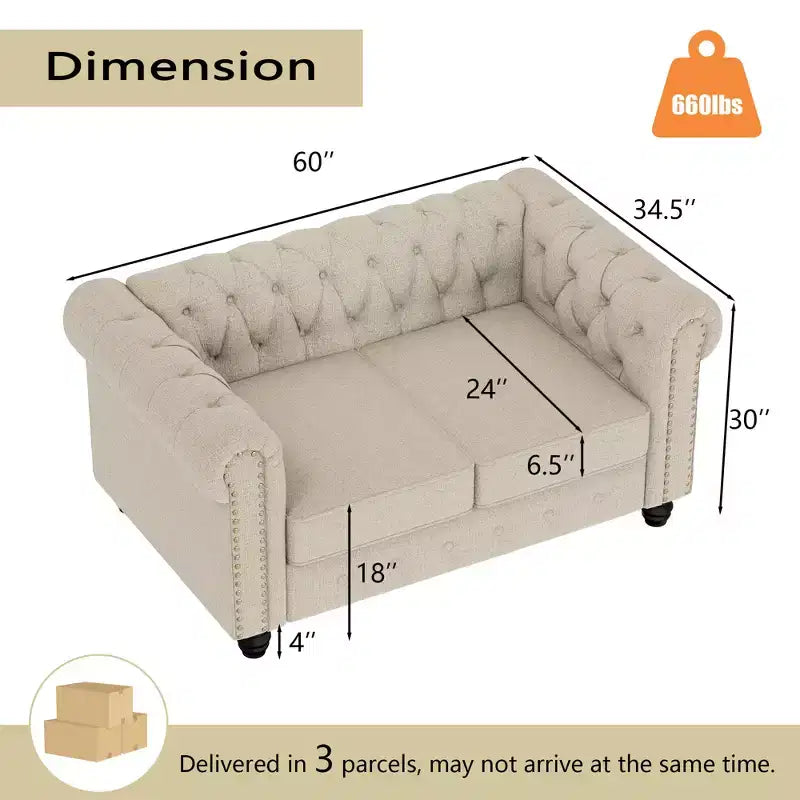 Set Divano Chesterfield in Lino a 3 Pezzi a 6 Posti | Poltrona, Divanetto e Divano