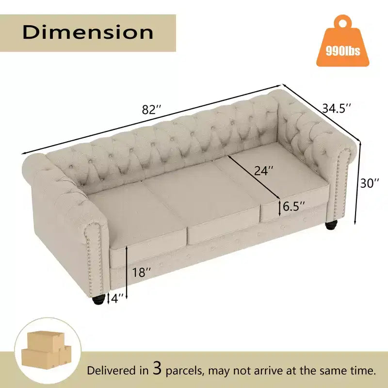 Set Divano Chesterfield in Lino a 3 Pezzi a 6 Posti | Poltrona, Divanetto e Divano