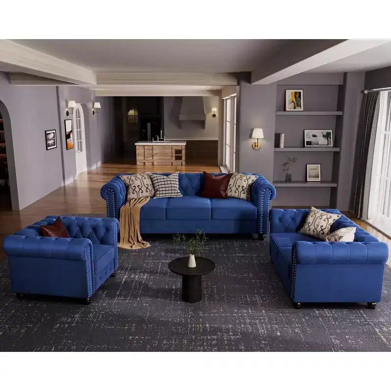 Set Divano Chesterfield in Lino a 3 Pezzi a 6 Posti | Poltrona, Divanetto e Divano