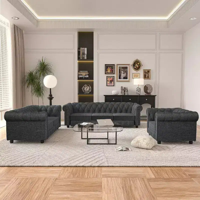 Set Divano Chesterfield in Lino a 3 Pezzi a 6 Posti | Poltrona, Divanetto e Divano